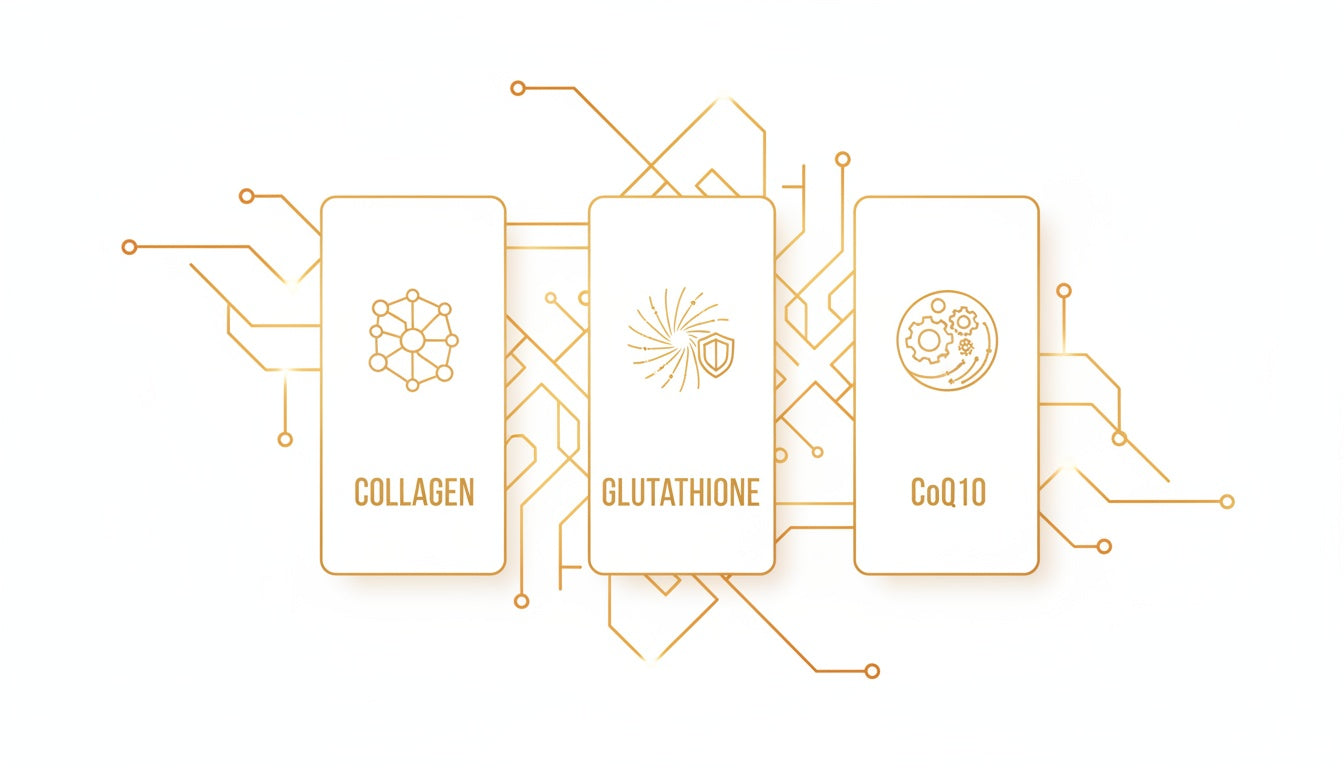 Collagen + Glutathione + CoQ10 Ingredient Map: Structure, Antioxidant and Cellular Energy Roles