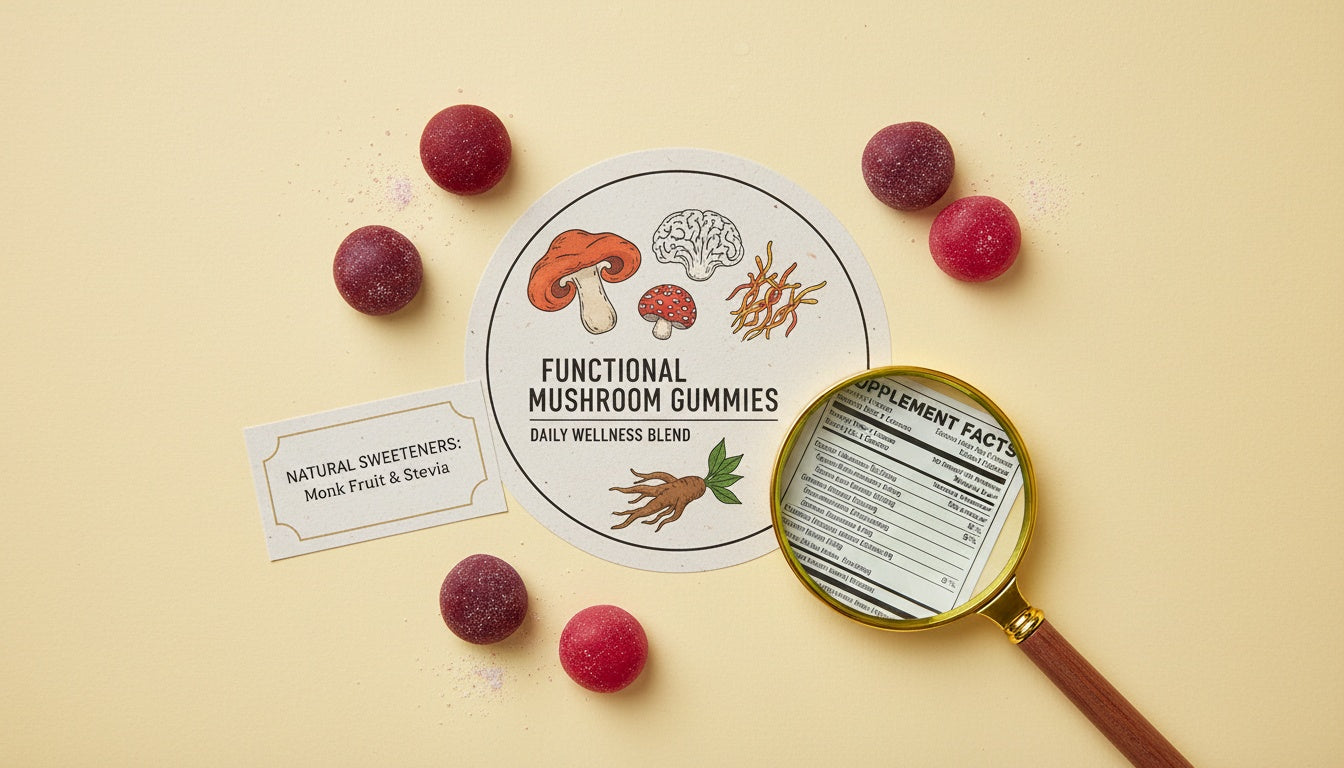 Mushroom Gummies Label Guide: Mushroom Blend, Ashwagandha, Sweeteners, and Serving Size