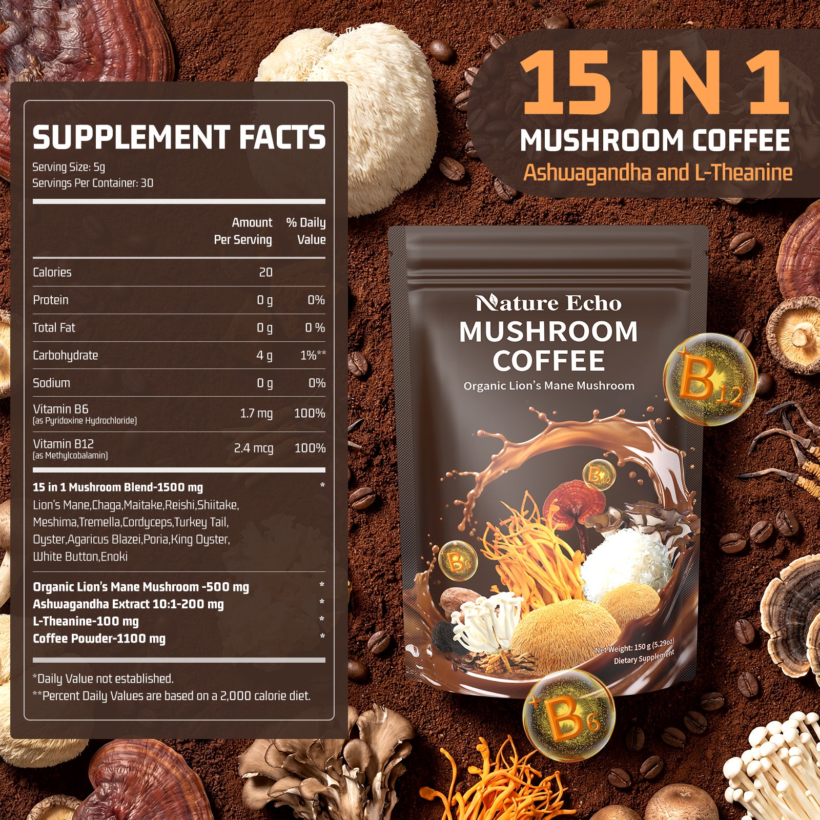 Mushroom Coffee 15 in 1 Mushrooms with Ashwagandha